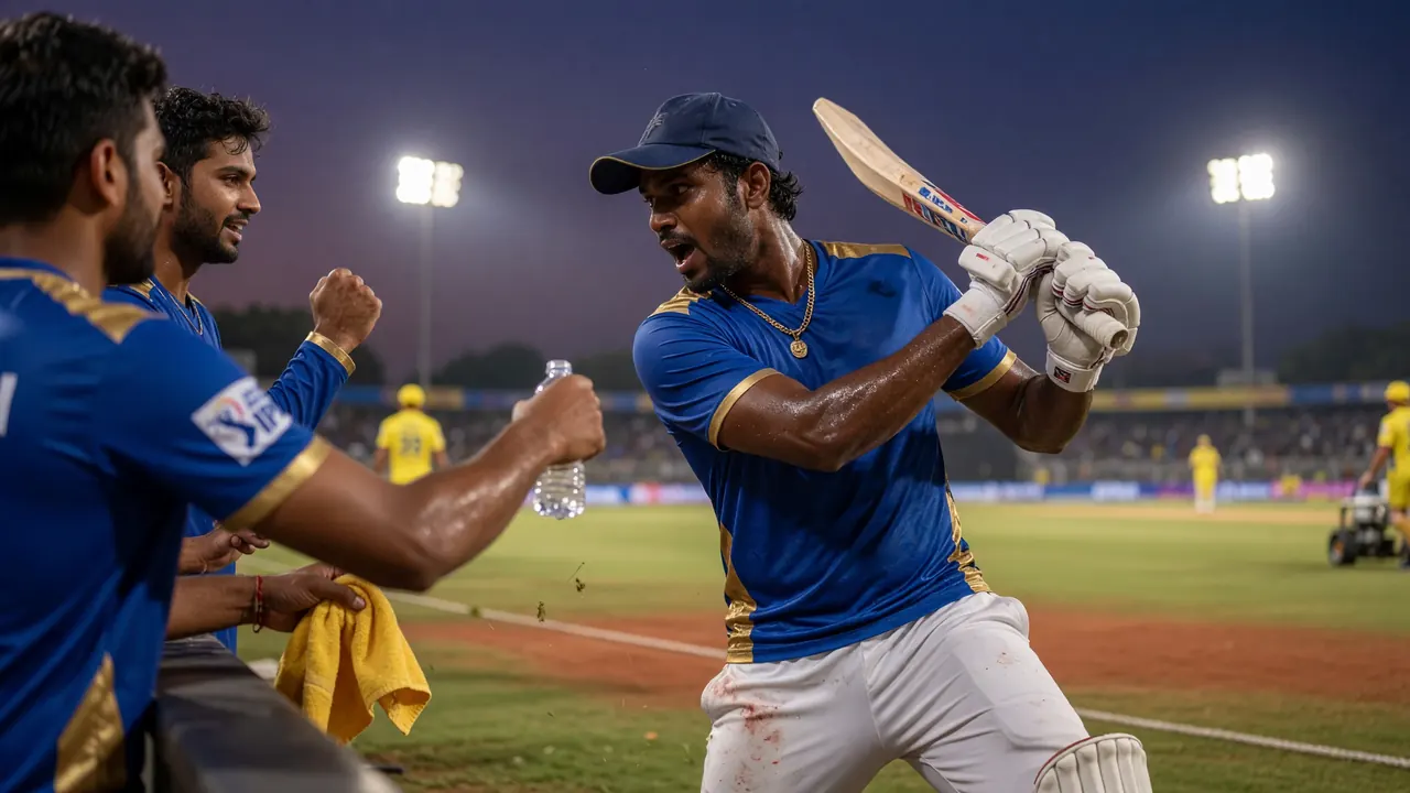 Close sideline frame of a batter swinging through a limited-overs delivery under stadium lights, used as a contextual figure in the retrospective on the RCB vs SRH opener fantasy card