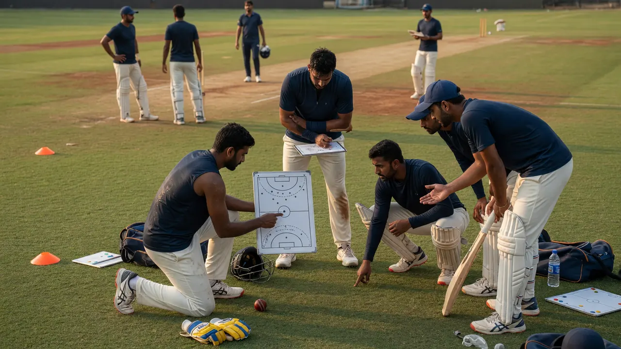 Medium-distance view of fielders set around the bat during a limited-overs match under stadium floodlights, used as a tactical figure in the retrospective on the RCB vs SRH opener fantasy strategy