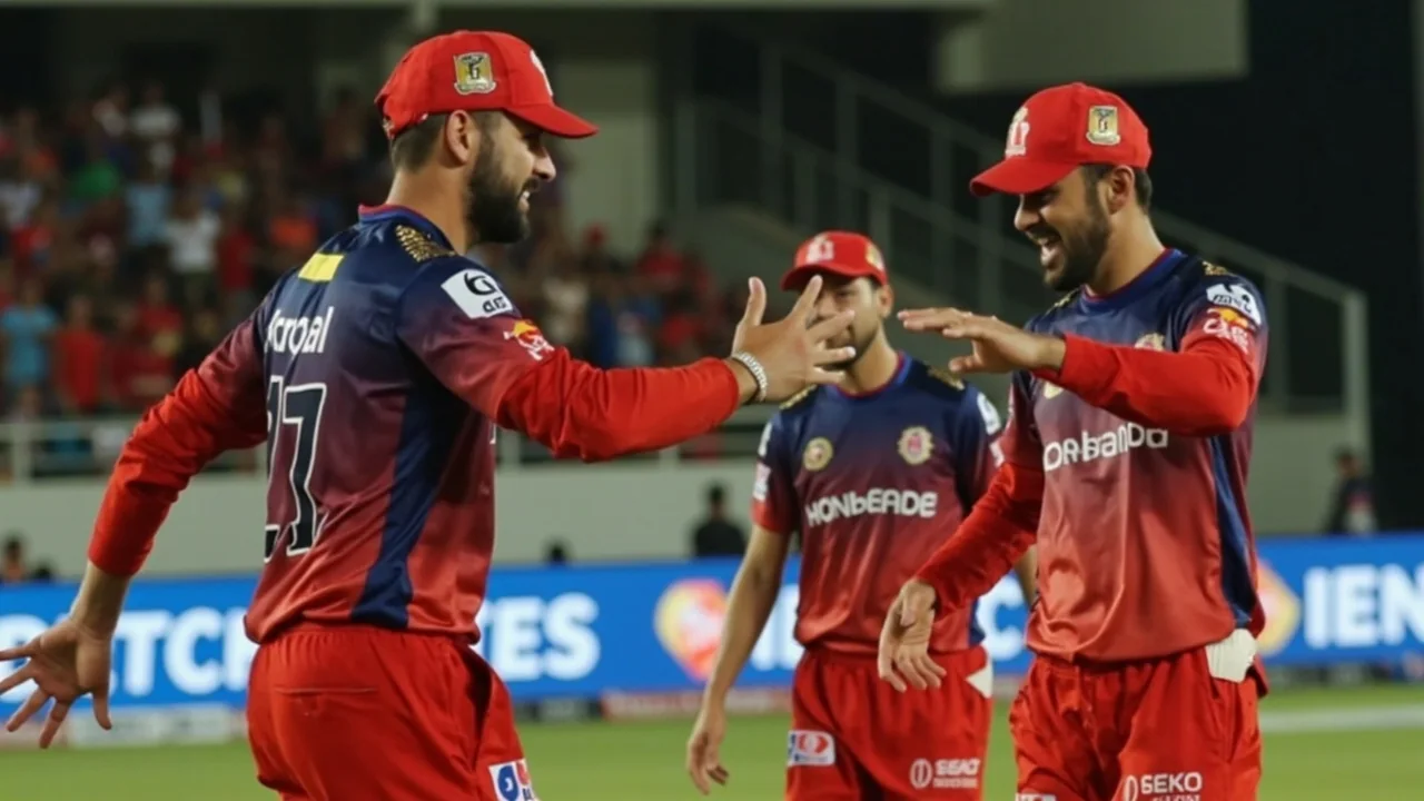 A medium-distance view of a tactical scene during a limited-overs fixture, with fielders in position and batters in conversation at the crease